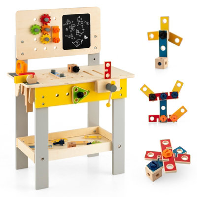 Costway Wooden Kids Pretend Play Workbench Set with Blackboard