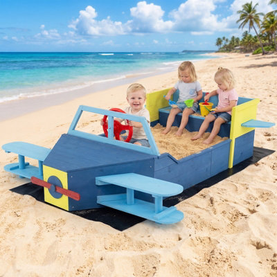 COSTWAY Wooden Kids Sandbox Glider-Shape Outdoor Sand Box with Bench ...