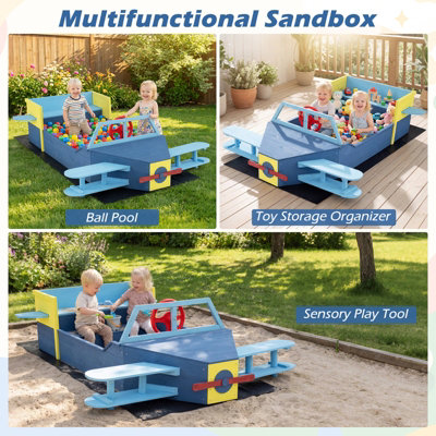 COSTWAY Wooden Kids Sandbox Glider-Shape Outdoor Sand Box with Bench ...