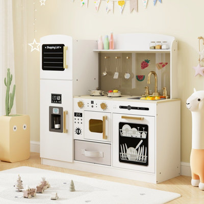 COSTWAY Wooden Kitchen Playset Kids Pretend Play Kitchen w/ Chalkboard-White
