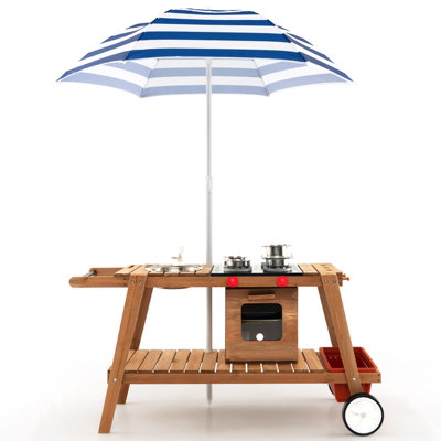 Costway Wooden Mud Kitchen Outdoor Kitchen Playset with Umbrella Sink Storage Cabinet