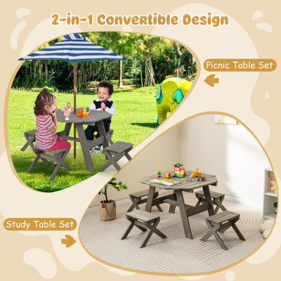 Costway Wooden Octagon Table Set Kids Picnic Table & 4 Chairs w/ Umbrella - 3
