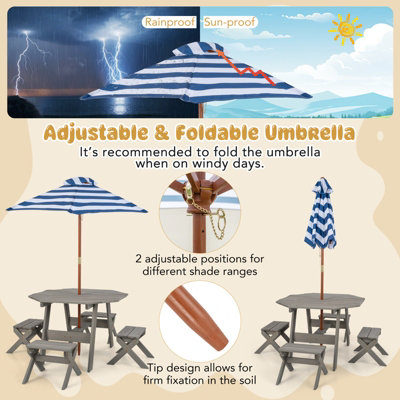 Costway Wooden Octagon Table Set Kids Picnic Table & 4 Chairs w/ Umbrella - 4