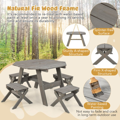 Costway Wooden Octagon Table Set Kids Picnic Table & 4 Chairs w/ Umbrella - 5