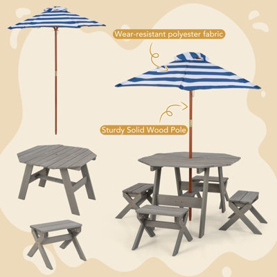 Costway Wooden Octagon Table Set Kids Picnic Table & 4 Chairs w/ Umbrella - 6