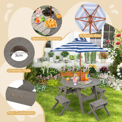 Costway Wooden Octagon Table Set Kids Picnic Table & 4 Chairs w/ Umbrella - 7