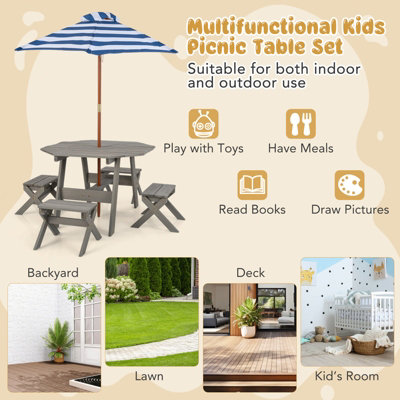 Costway Wooden Octagon Table Set Kids Picnic Table & 4 Chairs w/ Umbrella - 8