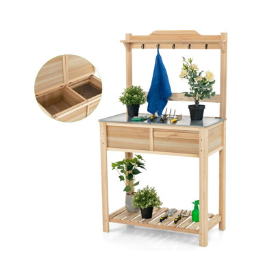 Costway Wooden Outdoor Planting Table Potting Bench W/ Flip-open Galvanized Metal Table