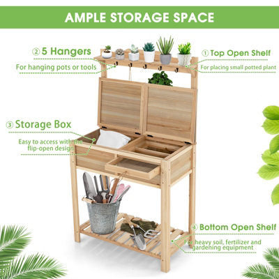 Costway Wooden Outdoor Planting Table Potting Bench W/ Flip-open Galvanized Metal Table - 5