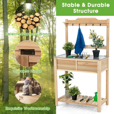 Costway Wooden Outdoor Planting Table Potting Bench W/ Flip-open Galvanized Metal Table - 7
