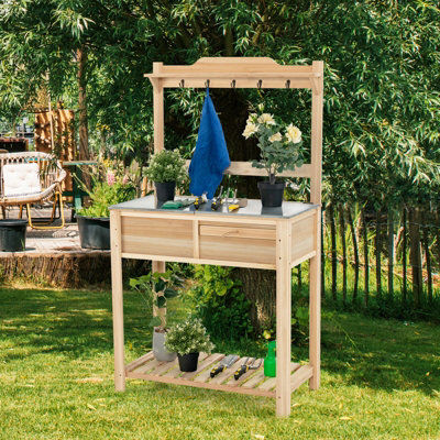 Costway Wooden Outdoor Planting Table Potting Bench W/ Flip-open Galvanized Metal Table - 8
