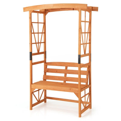 COSTWAY Wooden Patio Arbor Garden Archway w/ Pergola Bench & 2 Trellises