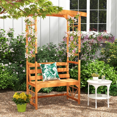 COSTWAY Wooden Patio Arbor Garden Archway w/ Pergola Bench & 2 Trellises - 3