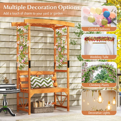 COSTWAY Wooden Patio Arbor Garden Archway w/ Pergola Bench & 2 Trellises - 9