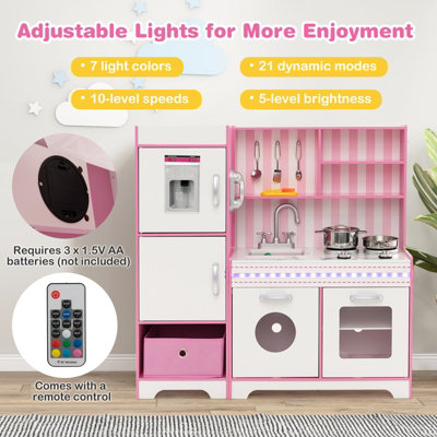Costway Wooden Play Kitchen Kids Pretend Play Toy W/Adjustable LED Lights Fabric Bin