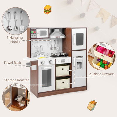Costway Wooden Play Kitchen Kids Pretend Play Toy w Attractive Lights Sounds Microwave