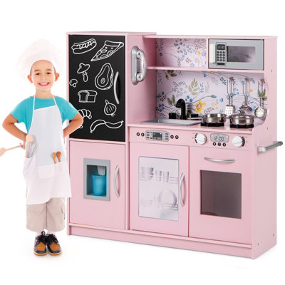 Costway Wooden Play Kitchen Kids Pretend Play Toy w/ Blackboard & Phone & Microwave