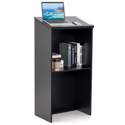 Costway Wooden Podium Stand Pulpit Lectern Hostess Stand for Speakers with Storage Shelf