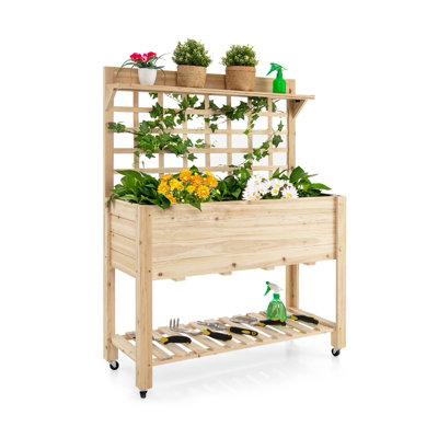 Costway Wooden Raised Garden Bed Elevated Planter w/ Trellis Wheels & Storage Shelves