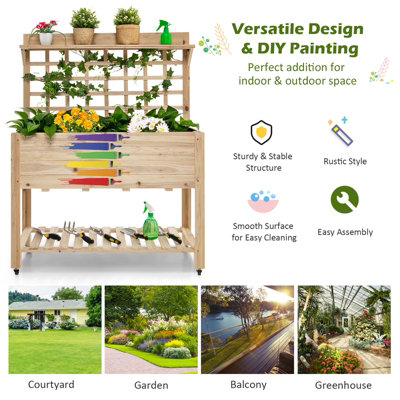 Costway Wooden Raised Garden Bed Elevated Planter w/ Trellis Wheels & Storage Shelves - 3