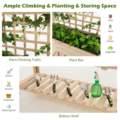 Costway Wooden Raised Garden Bed Elevated Planter w/ Trellis Wheels & Storage Shelves - 5
