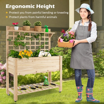 Costway Wooden Raised Garden Bed Elevated Planter w/ Trellis Wheels & Storage Shelves - 6