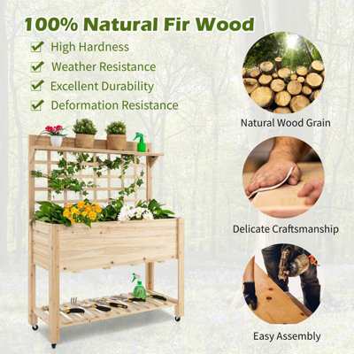 Costway Wooden Raised Garden Bed Elevated Planter w/ Trellis Wheels & Storage Shelves - 7