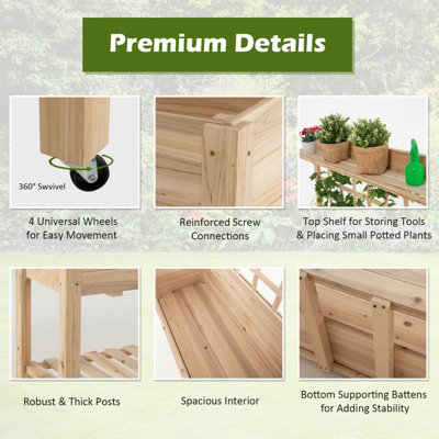 Costway Wooden Raised Garden Bed Elevated Planter w/ Trellis Wheels & Storage Shelves - 8