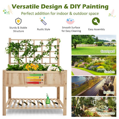 Costway Wooden Raised Garden Bed Elevated Planter with Trellis Wheels & Storage Shelves - 3
