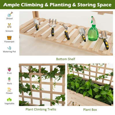 Costway Wooden Raised Garden Bed Elevated Planter with Trellis Wheels & Storage Shelves - 5