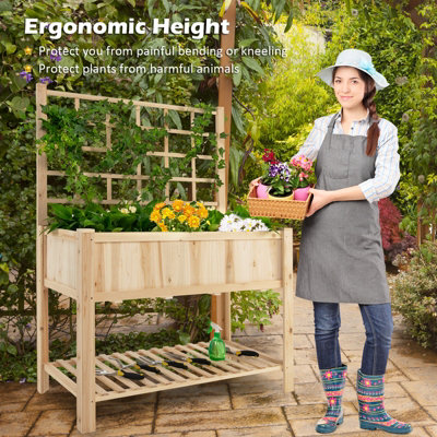Costway Wooden Raised Garden Bed Elevated Planter with Trellis Wheels & Storage Shelves - 6