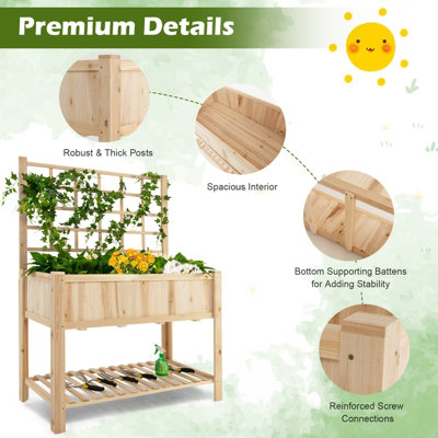 Costway Wooden Raised Garden Bed Elevated Planter with Trellis Wheels & Storage Shelves - 8