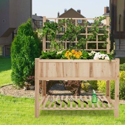 Costway Wooden Raised Garden Bed Elevated Planter with Trellis Wheels & Storage Shelves - 9