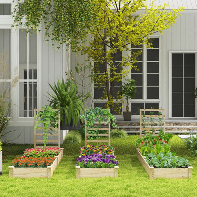 Costway Wooden Raised Garden Bed Outdoor Elevated Planter Box w/ Planter Box & Trellis
