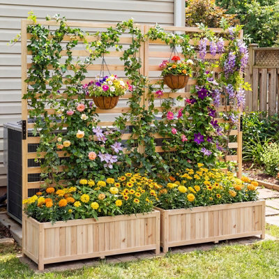 COSTWAY Wooden Raised Garden Bed w/ Vertical Trellis 150 cm Tall Elevated  Planter Box-Natural