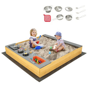 Costway Wooden Sandbox Kids Sand Pit w/ Kitchen Playset & Bottom Liner