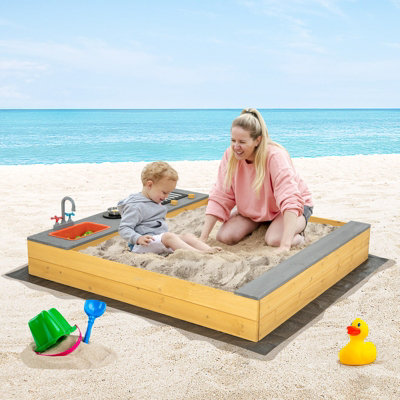Costway Wooden Sandbox Kids Sand Pit w/ Kitchen Playset & Bottom Liner - 4