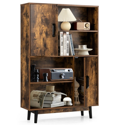 Costway Wooden Tall Sideboard Cupboard 4-Tier Storage Display Cabinet w/ 2 Doors