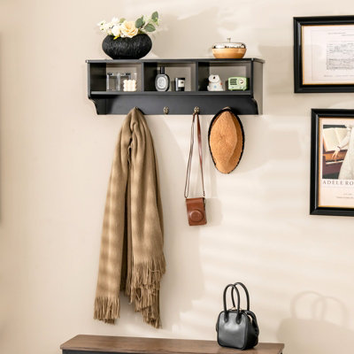 Costway Wooden Wall Mounted Coat Rack Hanging Cubby Organizer Storage Shelf with Hooks - 3
