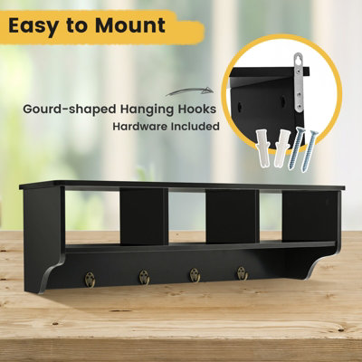 Costway Wooden Wall Mounted Coat Rack Hanging Cubby Organizer Storage Shelf with Hooks - 6