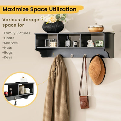 Costway Wooden Wall Mounted Coat Rack Hanging Cubby Organizer Storage Shelf with Hooks - 8