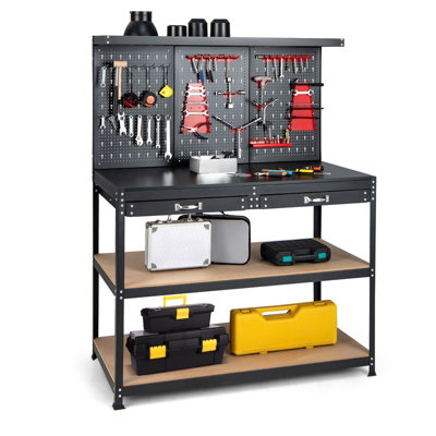 COSTWAY Workbench w/ Pegboard 120 CM Garage Worktable Tool Organizers w/ Drawers