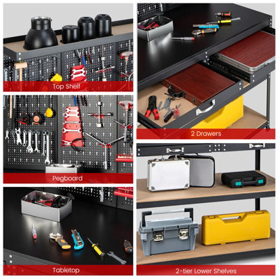 COSTWAY Workbench w/ Pegboard 120 CM Garage Worktable Tool Organizers w/ Drawers - 4