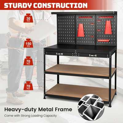 COSTWAY Workbench w/ Pegboard 120 CM Garage Worktable Tool Organizers w/ Drawers - 5