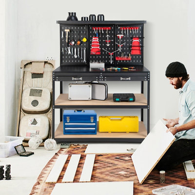 COSTWAY Workbench w/ Pegboard 120 CM Garage Worktable Tool Organizers w/ Drawers - 8