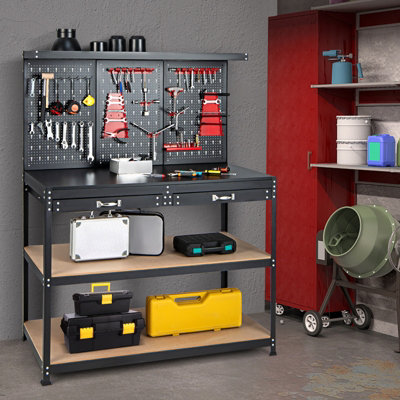 COSTWAY Workbench w/ Pegboard 120 CM Garage Worktable Tool Organizers w/ Drawers - 9