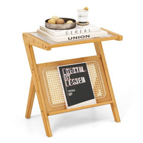 Costway Z-shaped Bedside Table Modern Bamboo Side Table w/ Rattan Magazine Rack & Tempered Glass Top