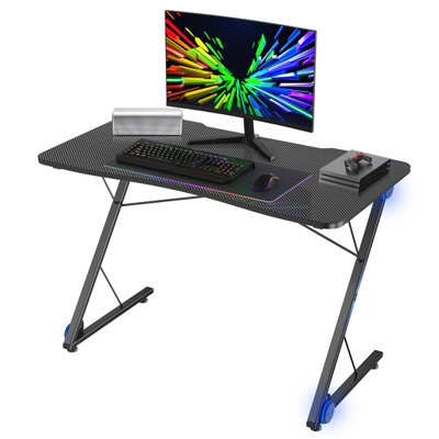 Costway Z-Shaped Computer Desk w/ LED Lights & Large Carbon Fiber ...