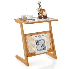 Costway Z-shaped End Table Side Table Nightstand Rattan Magazine Rack Tempered Glass Top