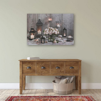 Cosy Cottage LED Printed Canvas Candle and Flowers Wall Art
